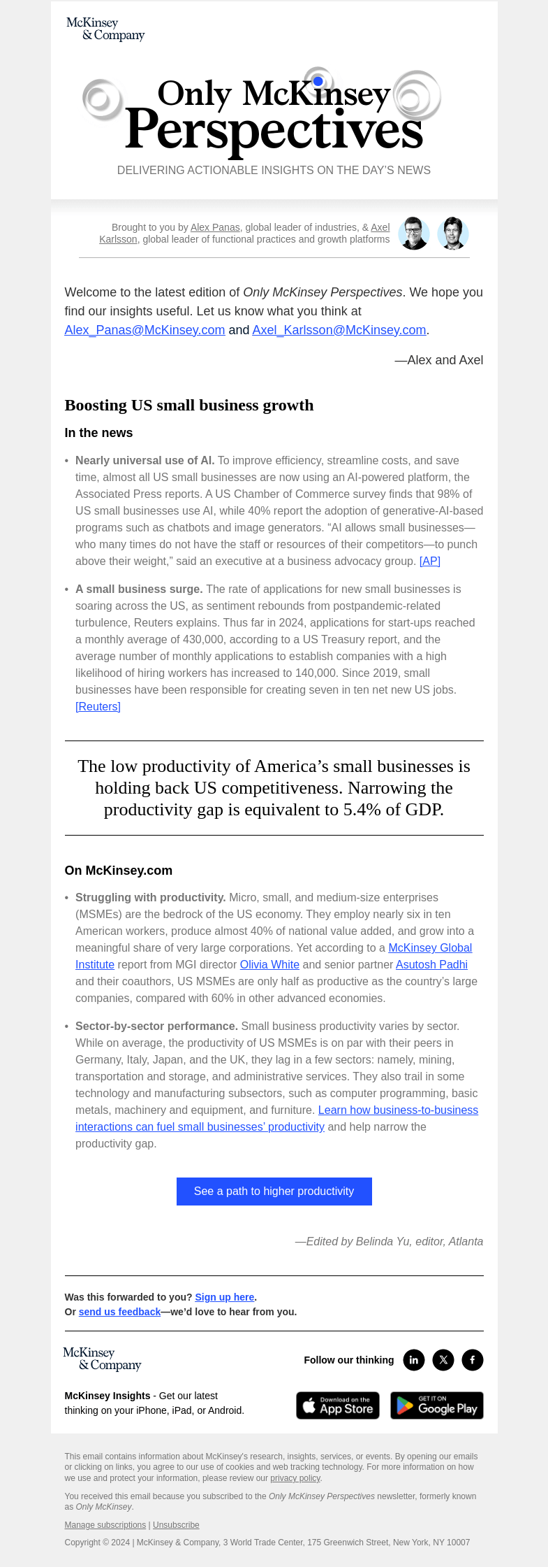 Письмо компании «McKinsey & Company» на тему «How can US small businesses ramp up productivity?»