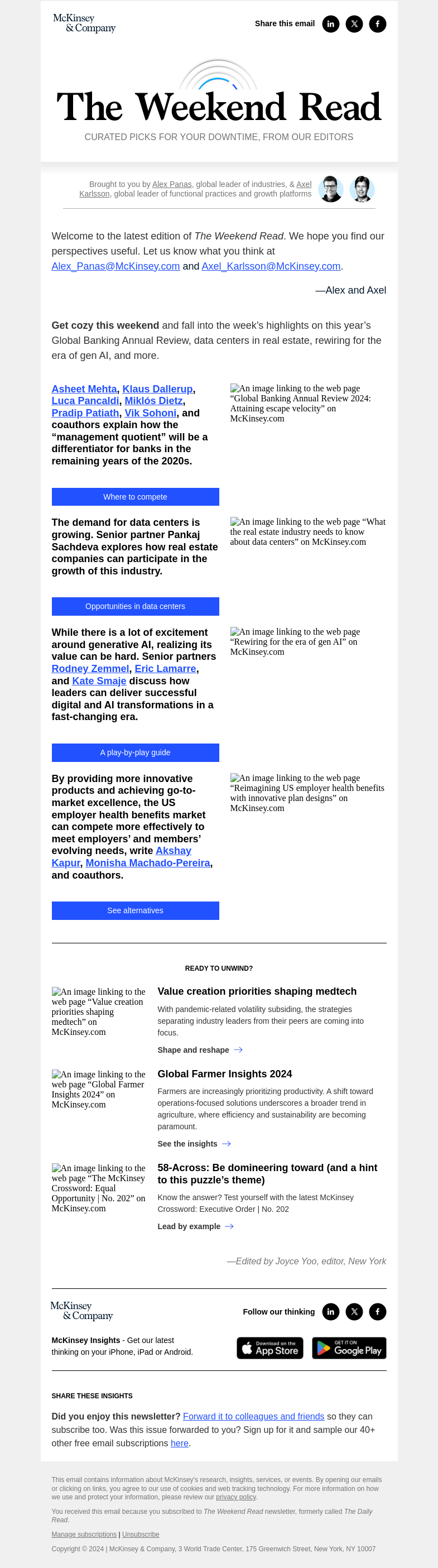 Письмо компании «McKinsey & Company» на тему «This year’s Global Banking Annual Review, data centers in real estate, rewiring for the era of gen AI, and more: The Weekend Read»