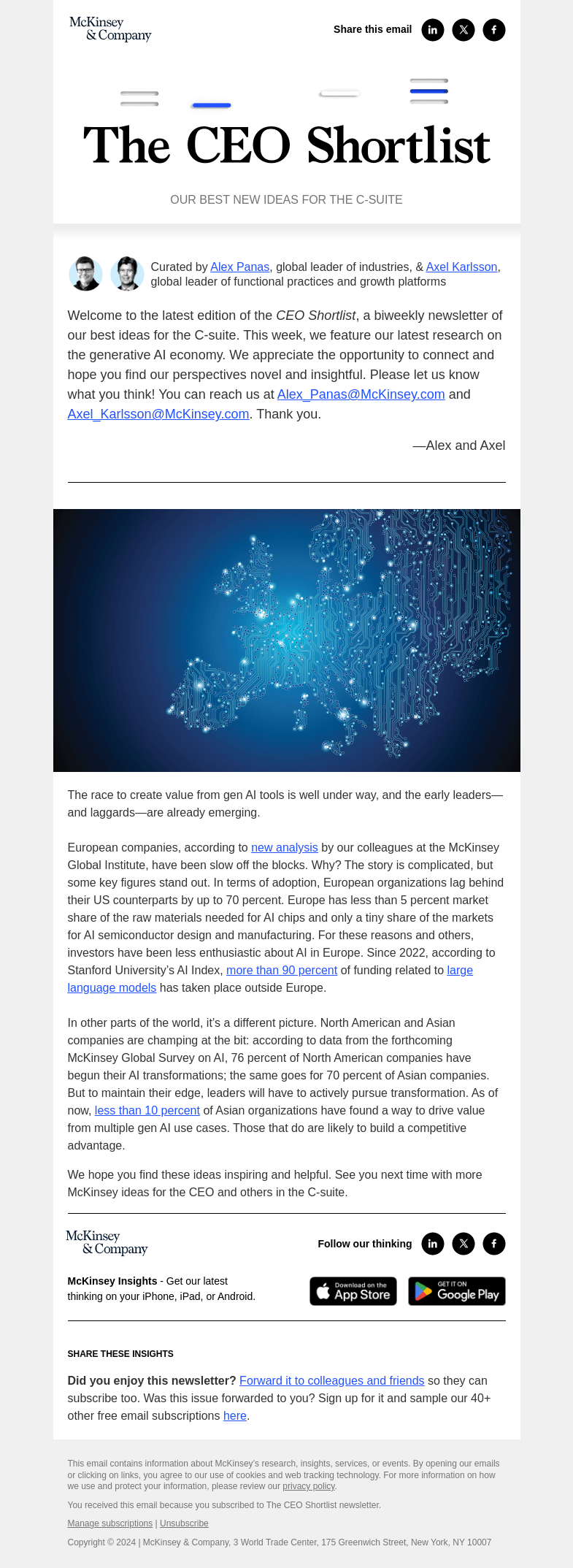 Письмо компании «McKinsey & Company» на тему «The gen AI race is on. Who’s excelling, and who’s falling behind?»