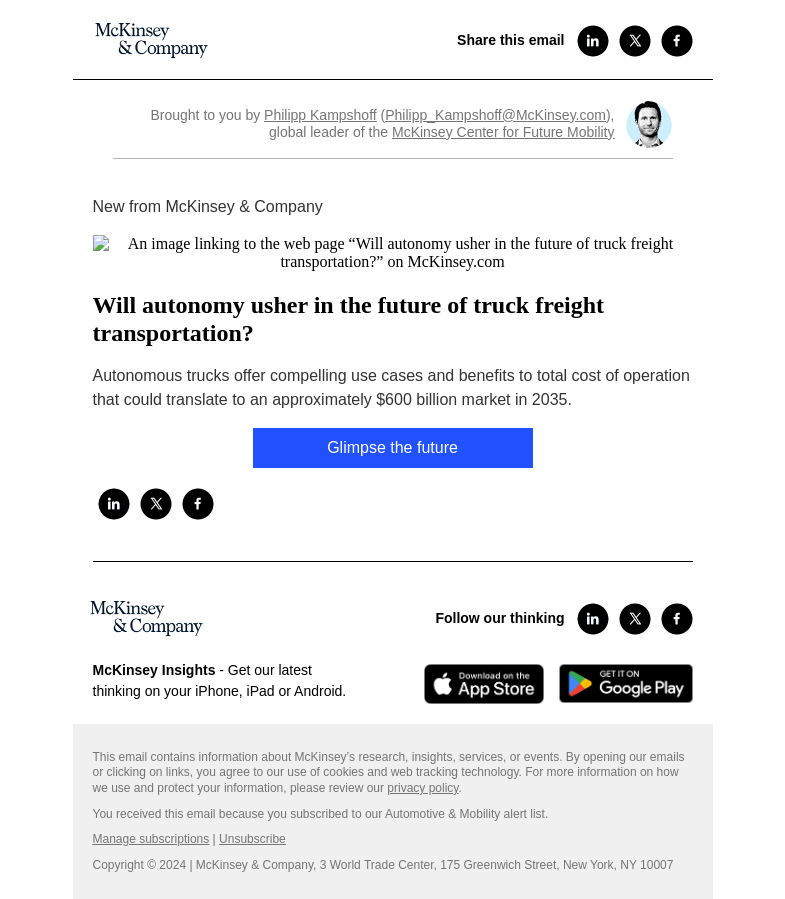 Письмо компании «McKinsey & Company» на тему «Will autonomy usher in the future of truck freight transportation?»