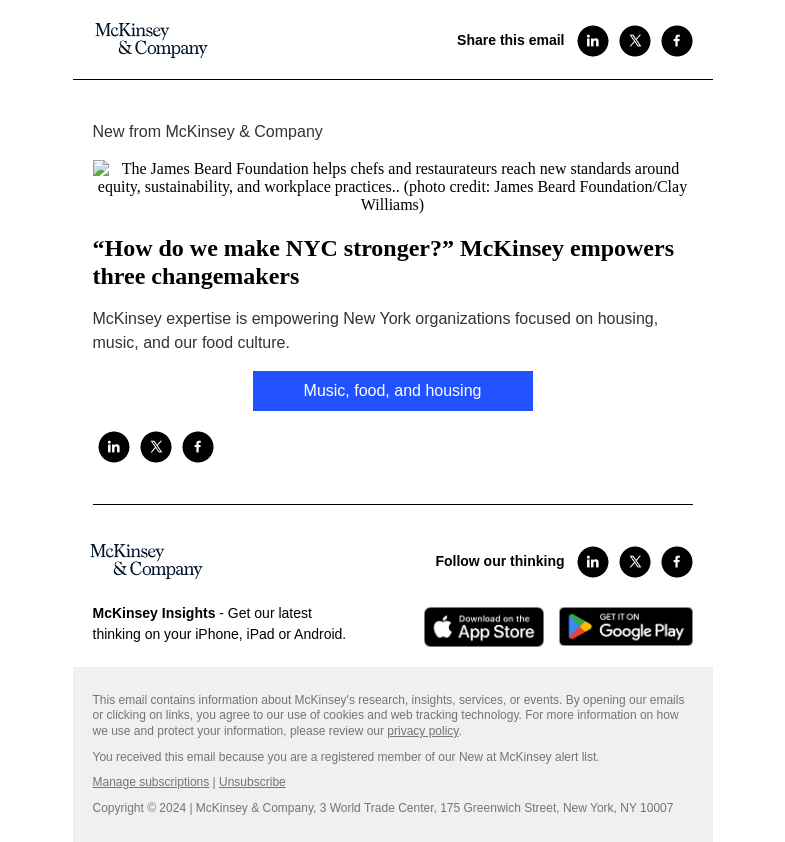 Письмо компании «McKinsey & Company» на тему «“How do we make NYC stronger?” McKinsey empowers three changemakers»