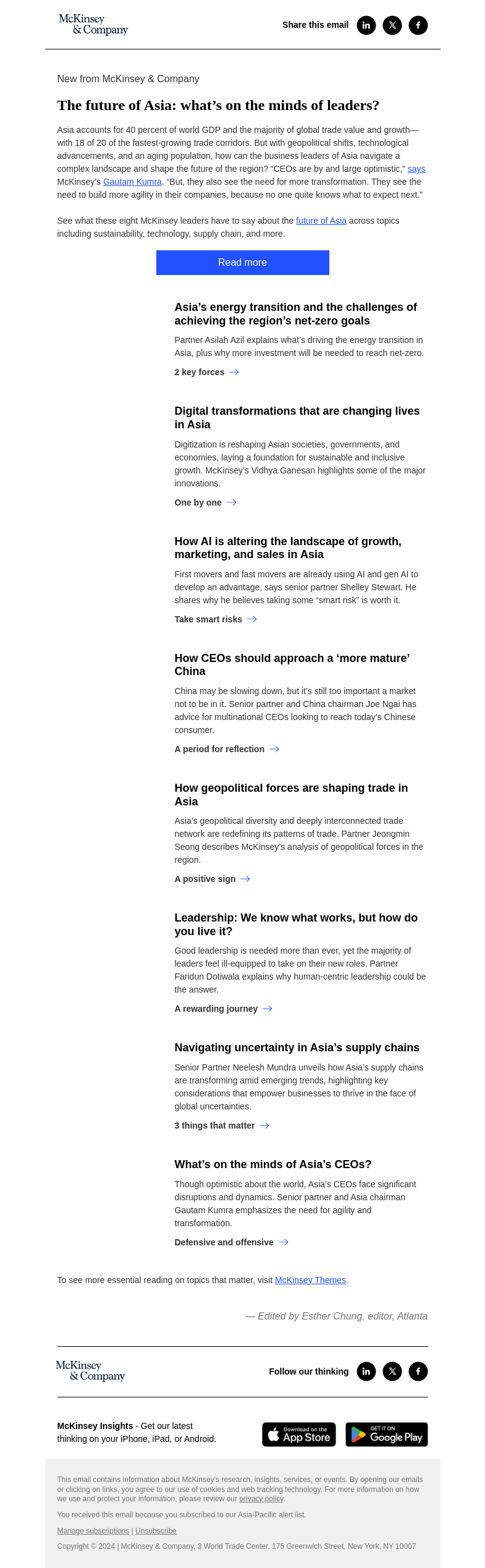 Письмо компании «McKinsey & Company» на тему «Navigating the future of Asia»
