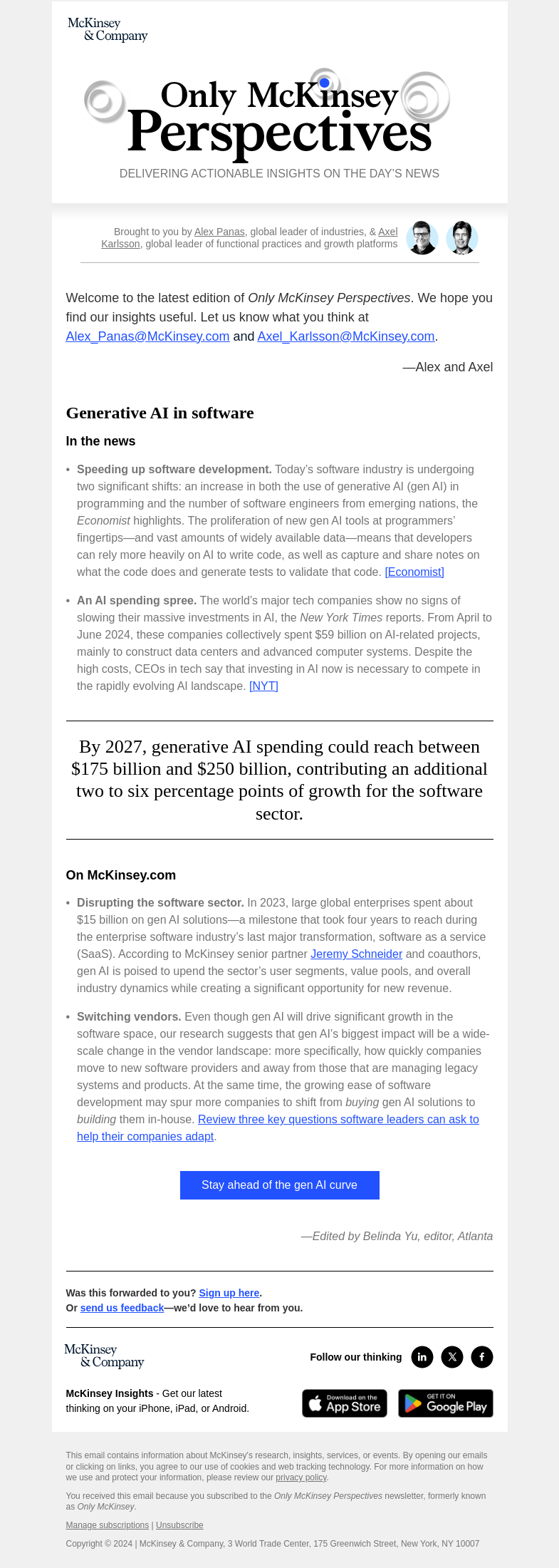 Письмо компании «McKinsey & Company» на тему «Want to know how generative AI may disrupt the software sector?»