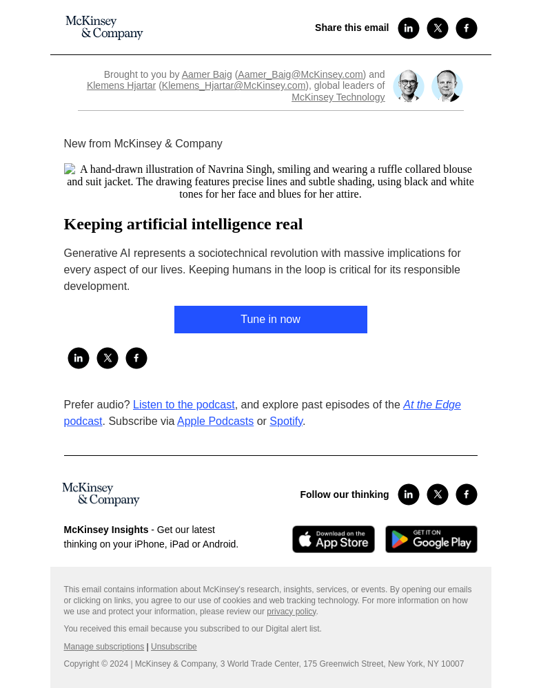 Письмо компании «McKinsey & Company» на тему «Keeping artificial intelligence real»
