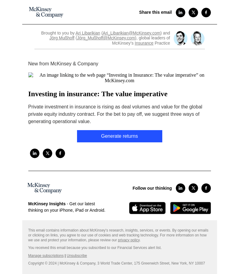 Письмо компании «McKinsey & Company» на тему «Investing in insurance: The value imperative»
