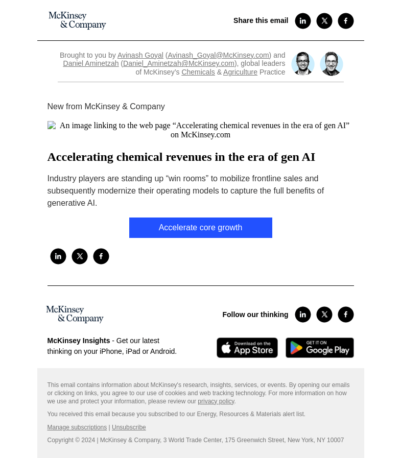 Письмо компании «McKinsey & Company» на тему «Accelerating chemical revenues in the era of gen AI»