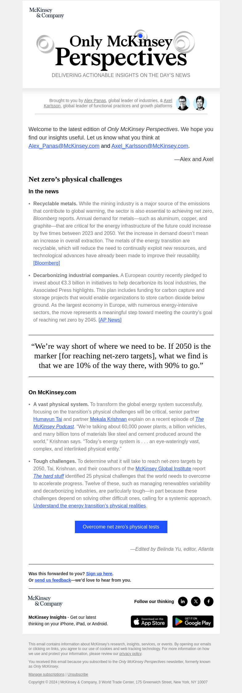 Письмо компании «McKinsey & Company» на тему «What physical realities could slow the world’s progress toward net zero?»