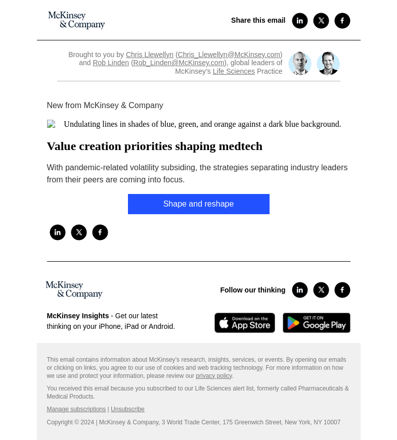 Письмо компании «McKinsey & Company» на тему «Value creation priorities shaping medtech»