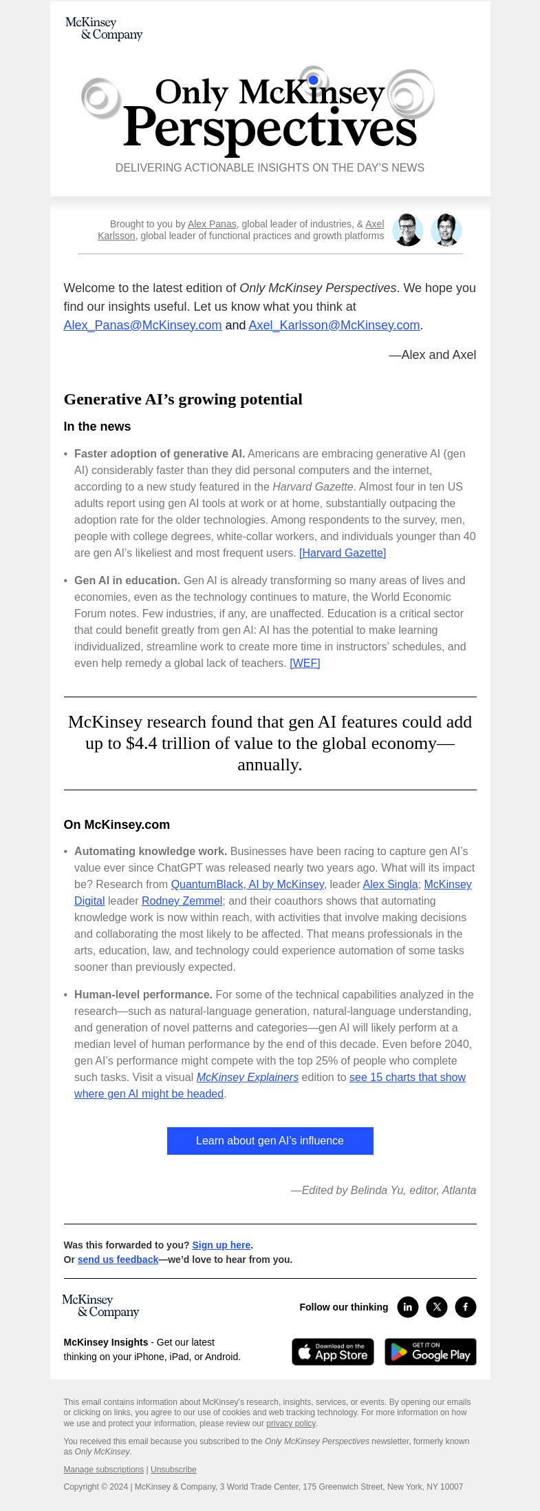 Письмо компании «McKinsey & Company» на тему «15 charts about generative AI’s future»