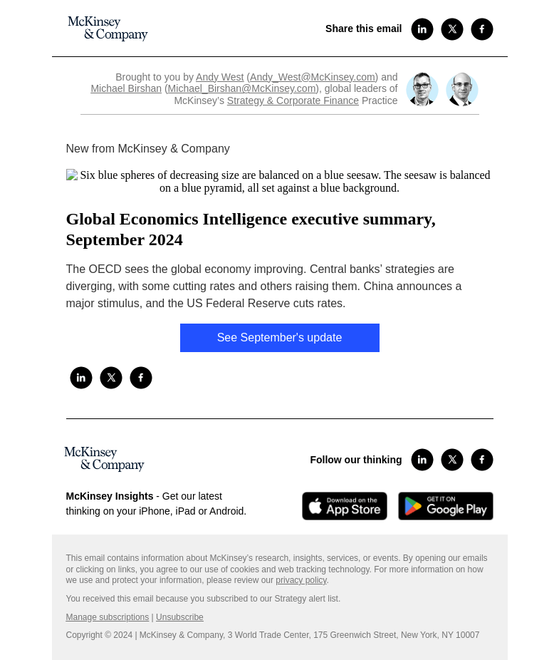 Письмо компании «McKinsey & Company» на тему «Global Economics Intelligence executive summary, September 2024»