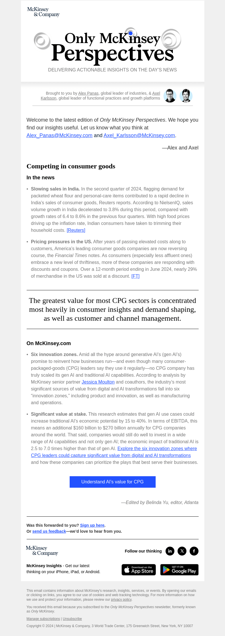 Письмо компании «McKinsey & Company» на тему «How much value could digital and AI generate for consumer goods
 firms?»