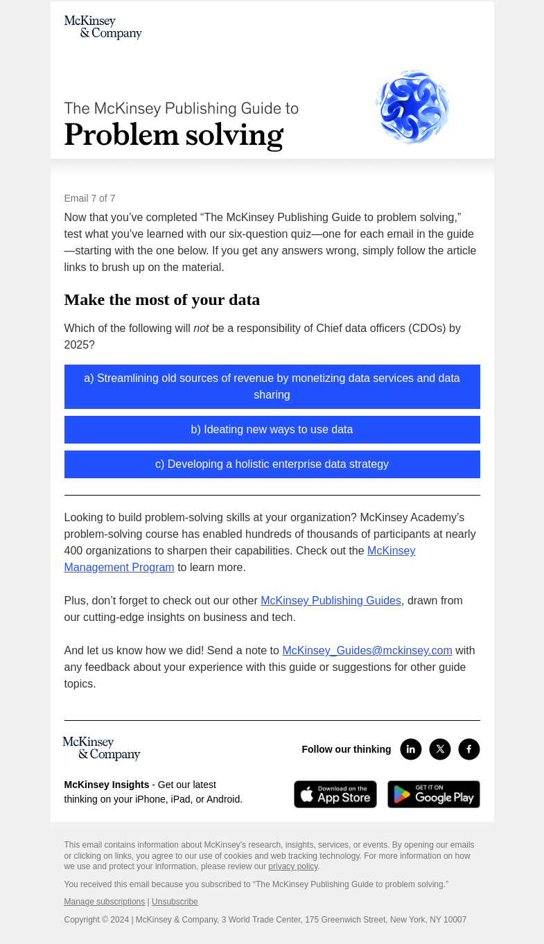 Письмо компании «McKinsey & Company» на тему «Problem solving: Test your knowledge»