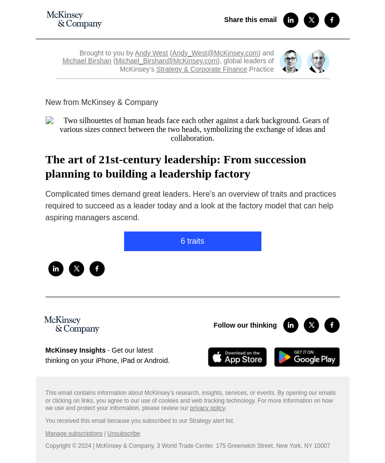 Письмо компании «McKinsey & Company» на тему «The art of 21st-century leadership: From succession planning to
 building a leadership factory»