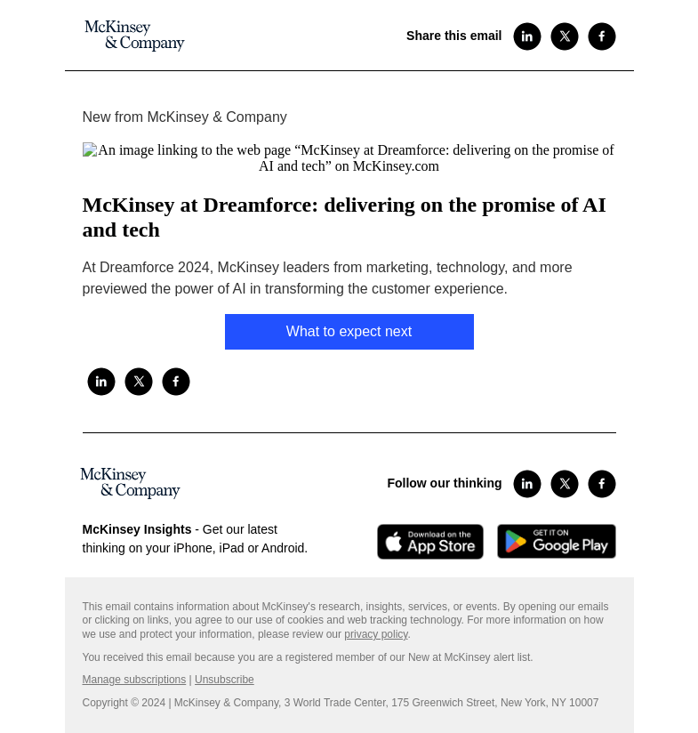Письмо компании «McKinsey & Company» на тему «McKinsey at Dreamforce: delivering on the promise of AI and tech»