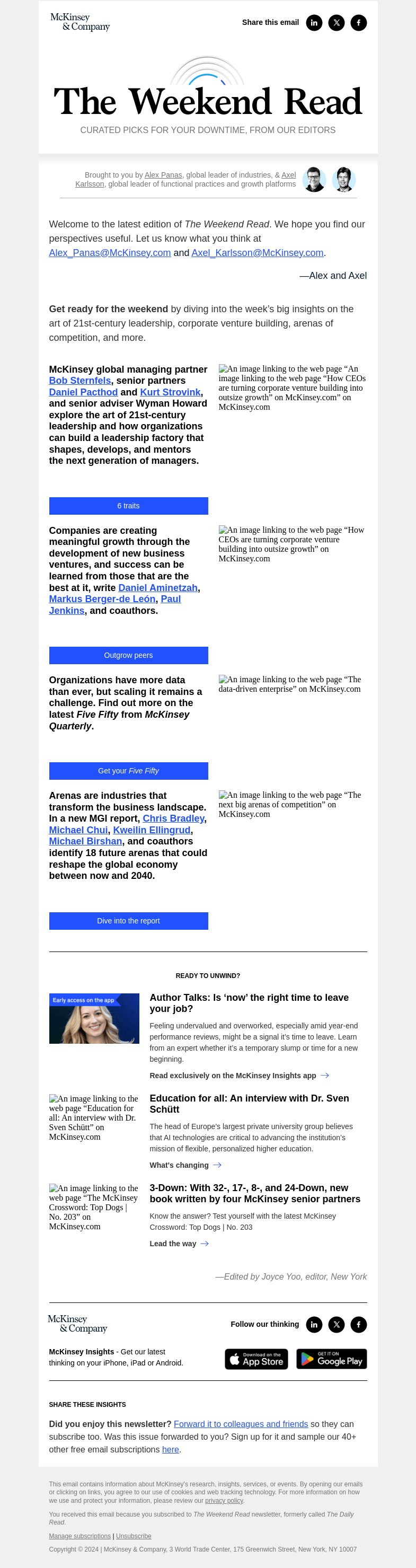 Письмо компании «McKinsey & Company» на тему «The art of 21st-century leadership, corporate venture building,
 arenas of competition, and more highlights»
