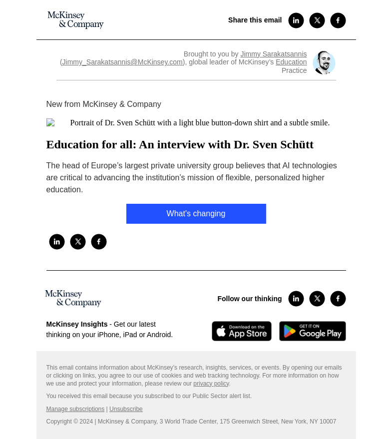 Письмо компании «McKinsey & Company» на тему «Education for all: An interview with Dr. Sven Schütt»