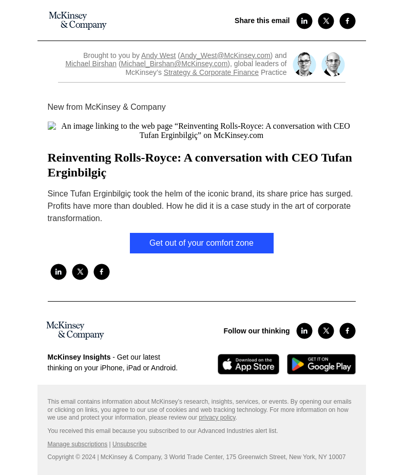 Письмо компании «McKinsey & Company» на тему «Reinventing Rolls-Royce: A conversation with CEO Tufan Erginbilgiç»