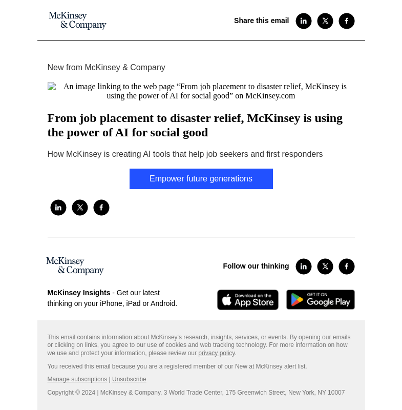 Письмо компании «McKinsey & Company» на тему «From job placement to disaster relief, McKinsey is using the power
 of AI for social good»