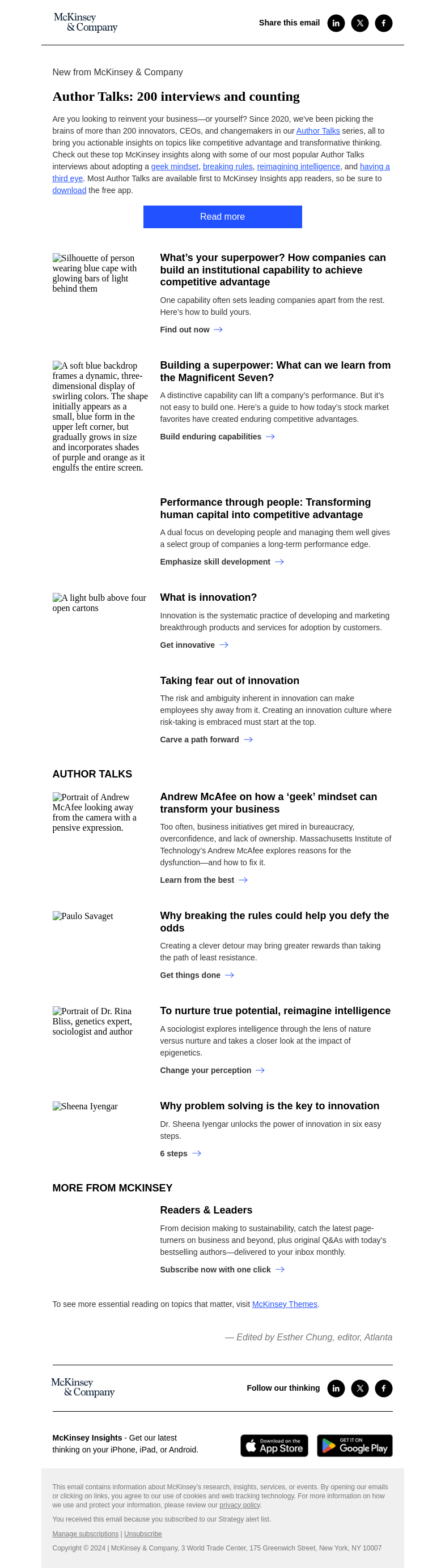 Письмо компании «McKinsey & Company» на тему «Want a competitive advantage? These Author Talks may inspire you»