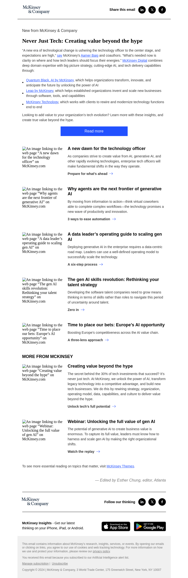 Письмо компании «McKinsey & Company» на тему «Never Just Tech: Creating value beyond the hype»