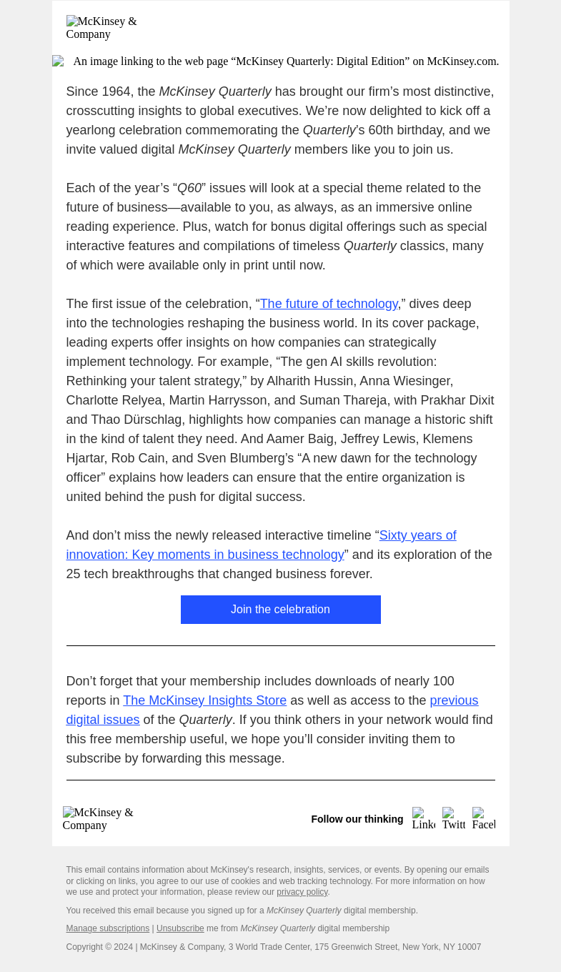 Письмо компании «McKinsey & Company» на тему «The McKinsey Quarterly is turning 60, and you’re invited to the party»