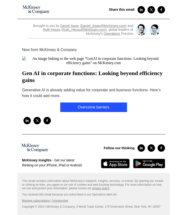 Письмо компании «McKinsey & Company» на тему «Gen AI in corporate functions: Looking beyond efficiency gains»