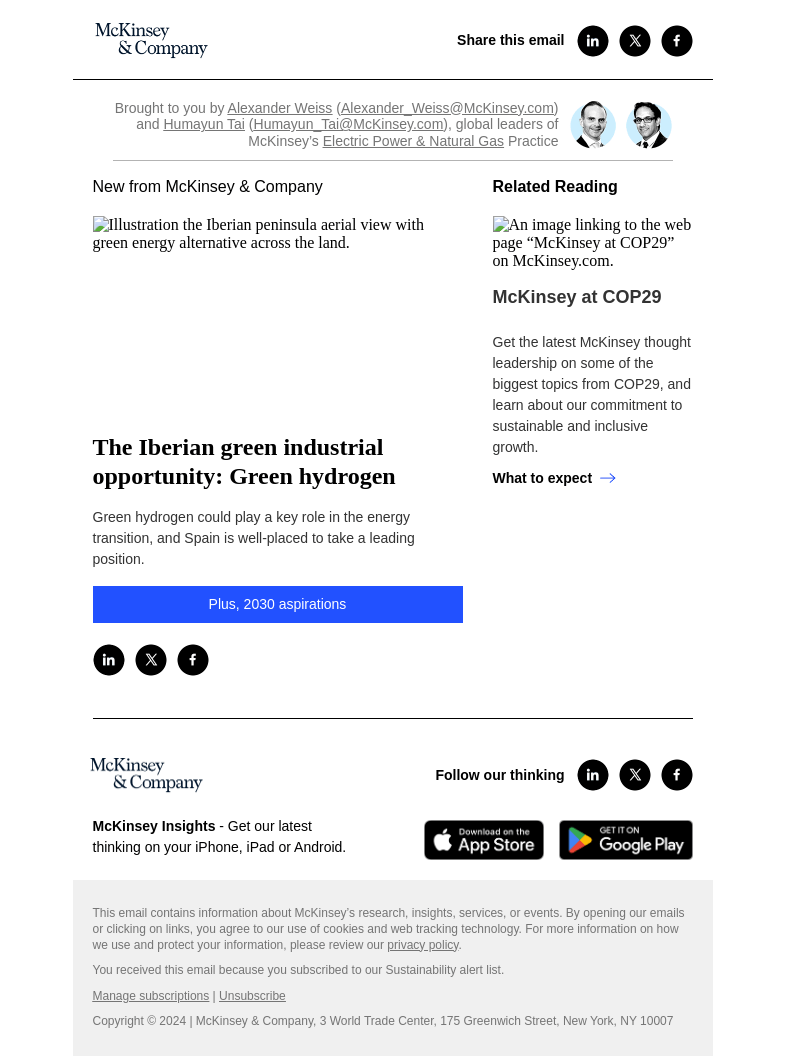 Письмо компании «McKinsey & Company» на тему «The Iberian green industrial opportunity: Green hydrogen»