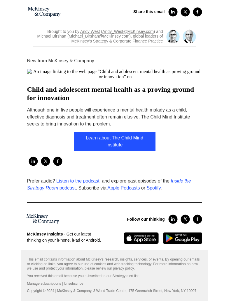 Письмо компании «McKinsey & Company» на тему «Child and adolescent mental health as a proving ground for
 innovation»