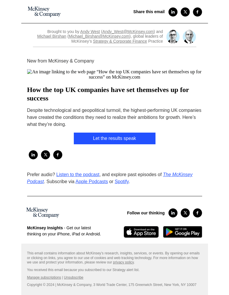 Письмо компании «McKinsey & Company» на тему «How the top UK companies have set themselves up for success»