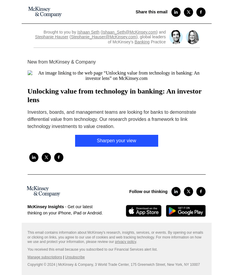 Письмо компании «McKinsey & Company» на тему «Unlocking value from technology in banking: An investor lens»