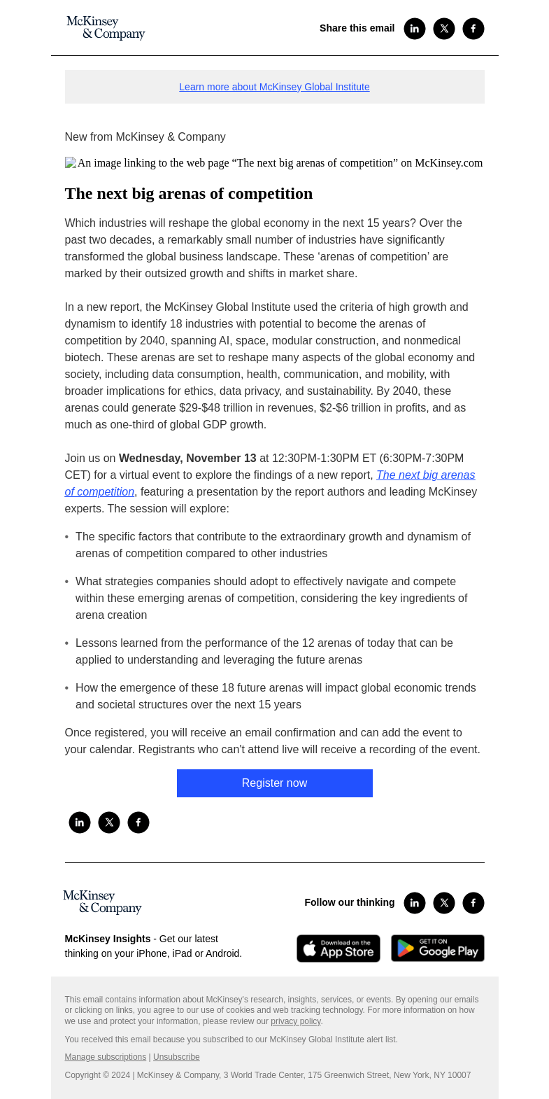 Письмо компании «McKinsey & Company» на тему «You're invited! Join us for a virtual event on the next big arenas
 of competition»