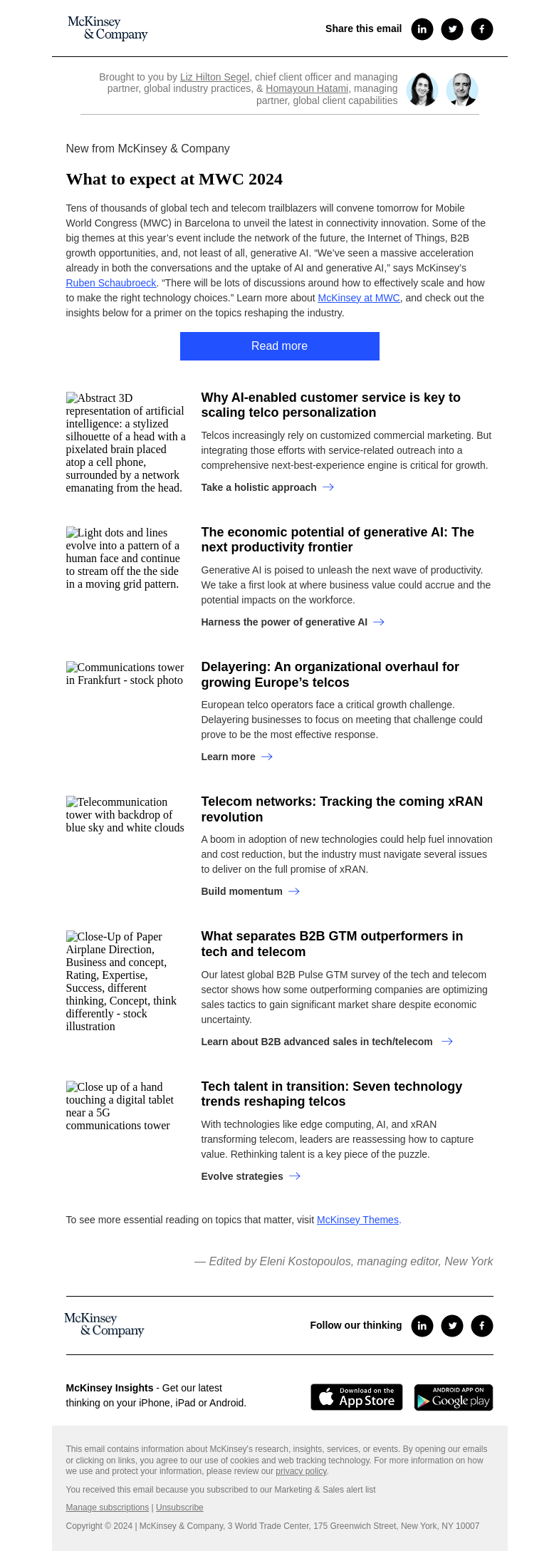 Письмо компании «McKinsey & Company» на тему «What to expect at MWC 2024»