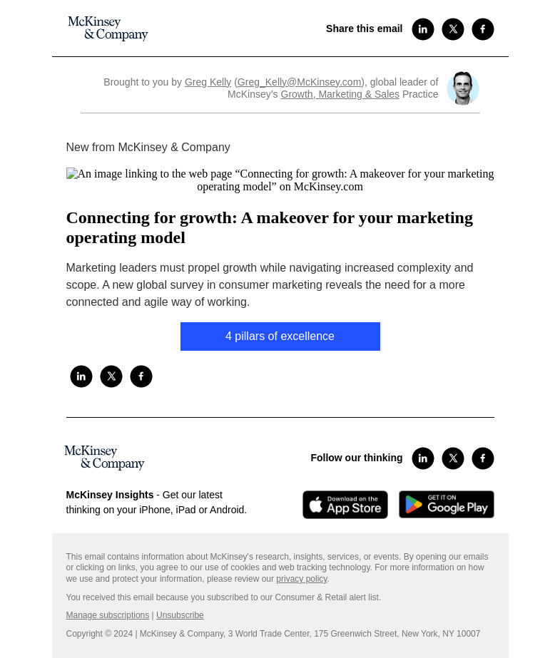 Письмо компании «McKinsey & Company» на тему «Connecting for growth: A makeover for your marketing operating
 model»