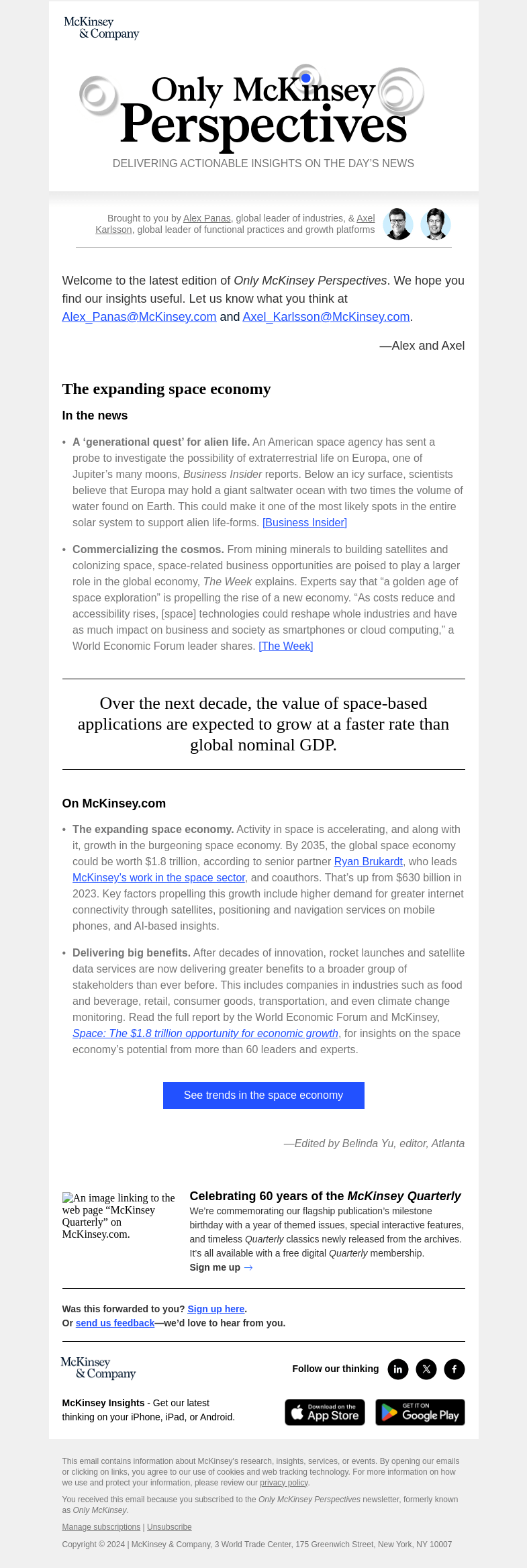 Письмо компании «McKinsey & Company» на тему «How much could the space economy be worth in 2035?»