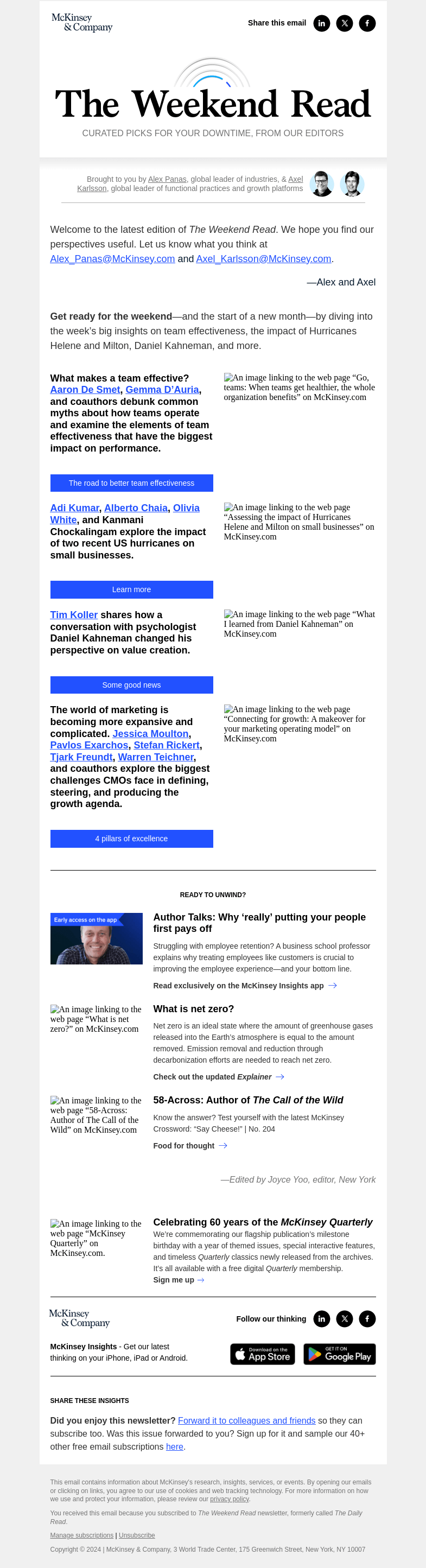 Письмо компании «McKinsey & Company» на тему «Team effectiveness, the impact of Hurricanes Helene and Milton,
 Daniel Kahneman, and more highlights»