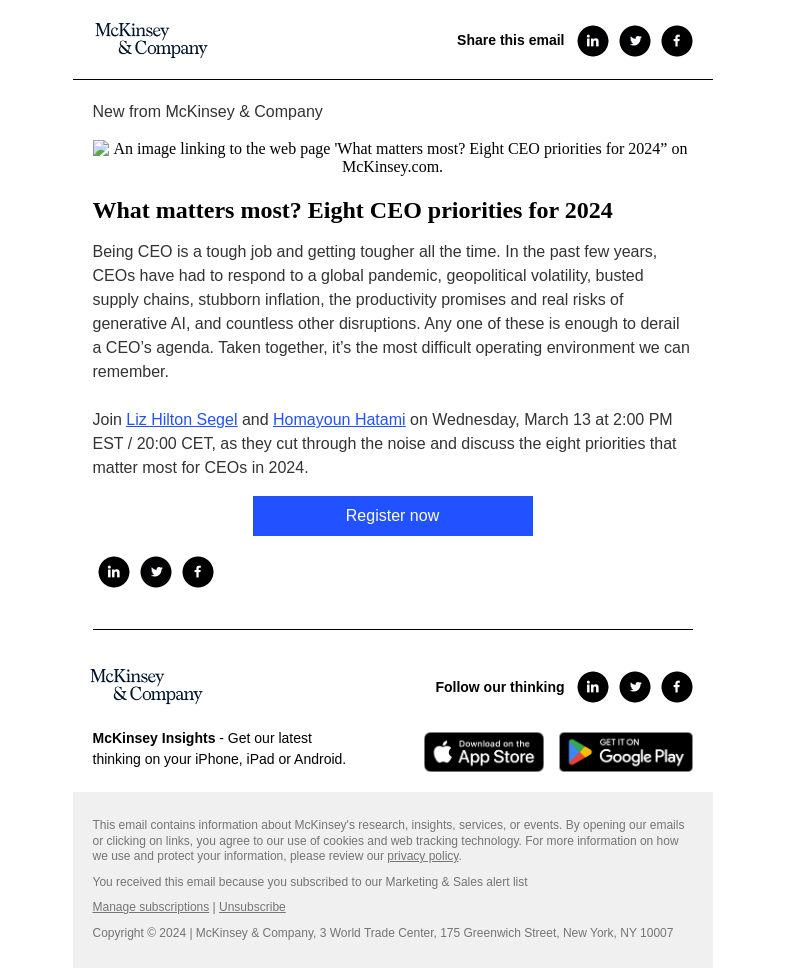 Письмо компании «McKinsey & Company» на тему «You’re invited! Join us for a McKinsey Live webinar on CEO priorities.»