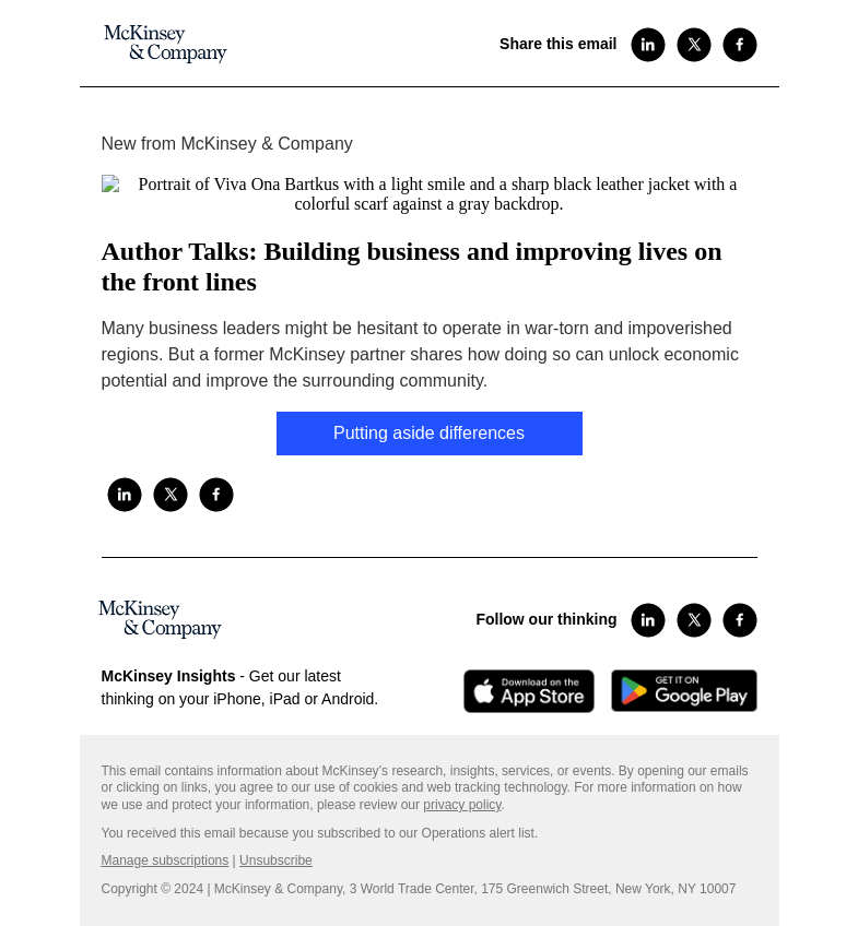 Письмо компании «McKinsey & Company» на тему «Author Talks: Building business and improving lives on the front
 lines»