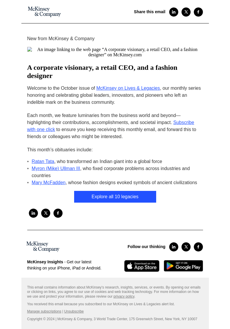Письмо компании «McKinsey & Company» на тему «A corporate visionary, a retail CEO, and a fashion designer»