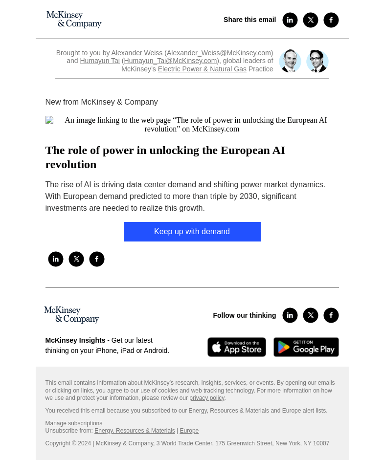 Письмо компании «McKinsey & Company» на тему «The role of power in unlocking the European AI revolution»