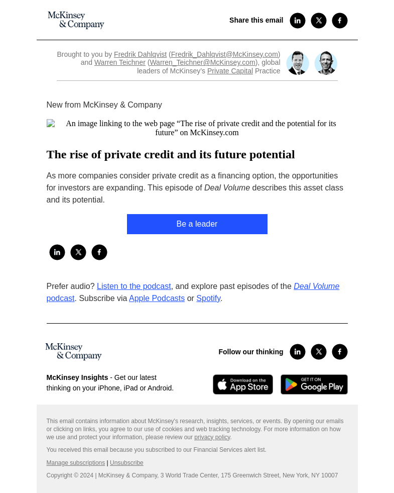 Письмо компании «McKinsey & Company» на тему «The rise of private credit and its future potential»
