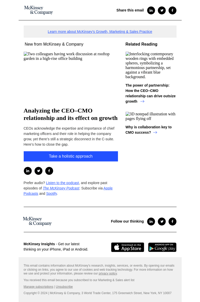 Письмо компании «McKinsey & Company» на тему «Analyzing the CEO–CMO relationship and its effect on growth»