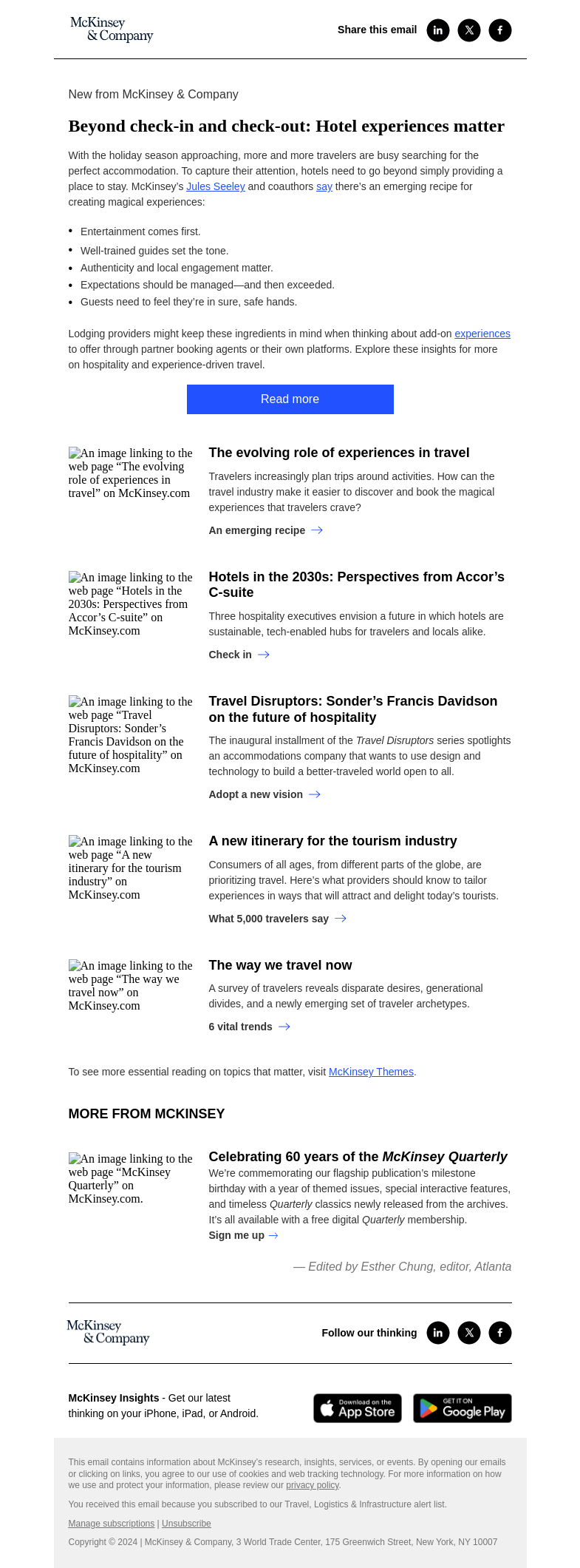 Письмо компании «McKinsey & Company» на тему «Beyond check-in and check-out: Hotel experiences matter»