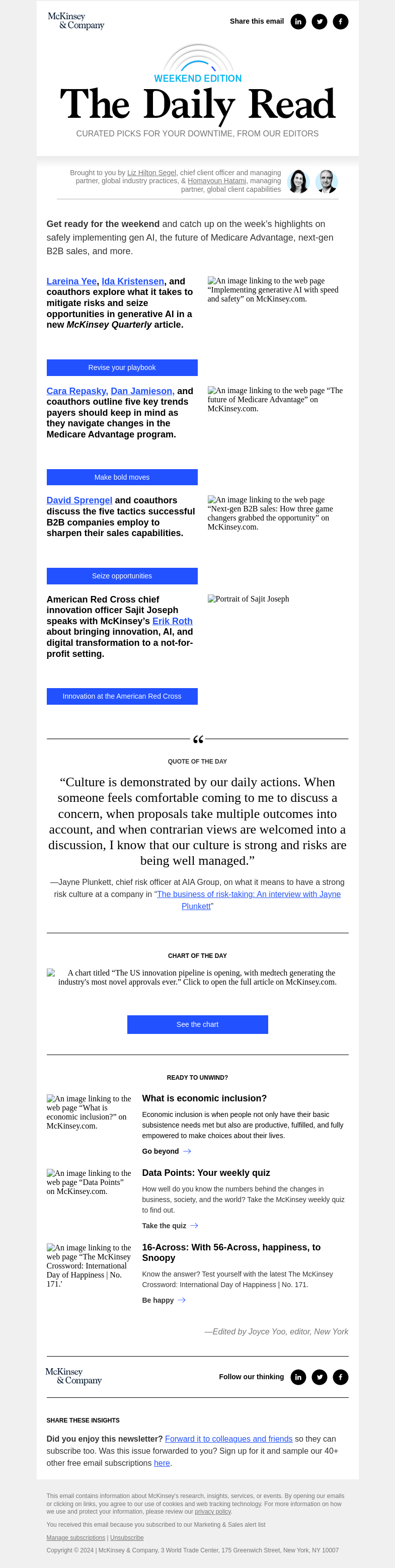 Письмо компании «McKinsey & Company» на тему «Implementing gen AI responsibly, bringing innovation to a
 nonprofit, B2B sales, and more: The Daily Read Weekender»