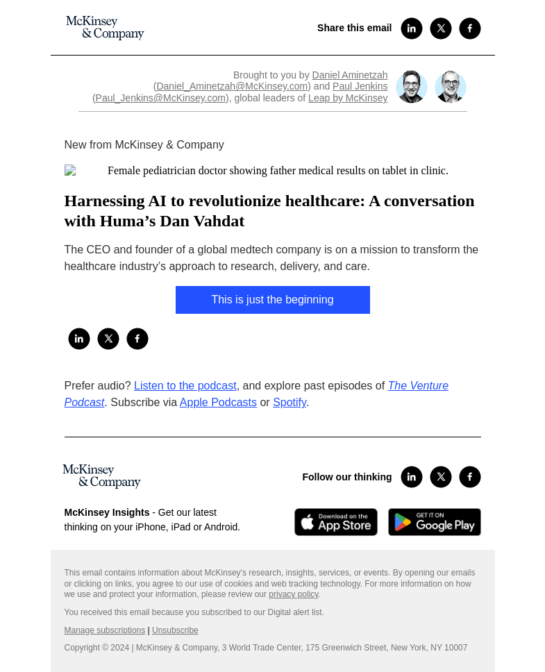 Письмо компании «McKinsey & Company» на тему «Harnessing AI to revolutionize healthcare: A conversation with Huma’s Dan Vahdat»