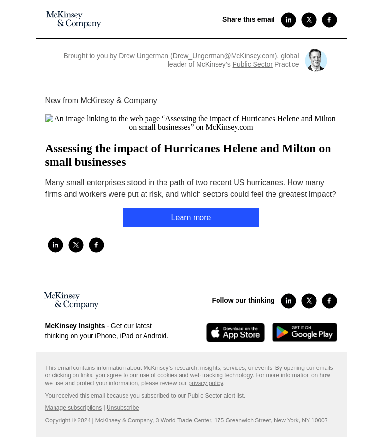 Письмо компании «McKinsey & Company» на тему «Assessing the impact of Hurricanes Helene and Milton on small
 businesses»