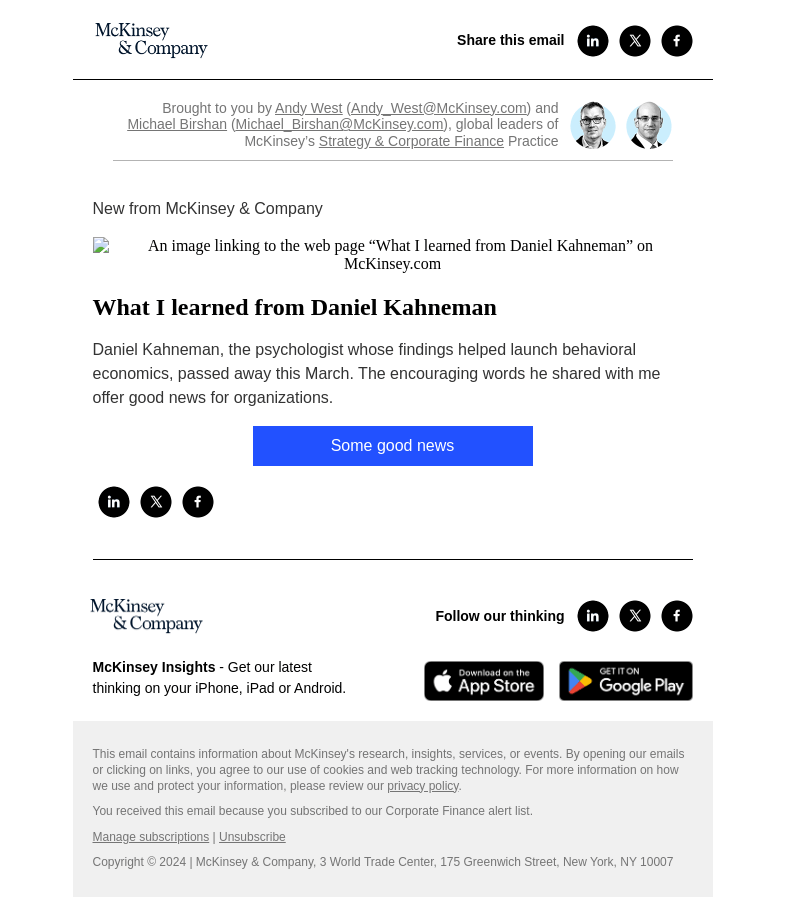 Письмо компании «McKinsey & Company» на тему «What I learned from Daniel Kahneman»