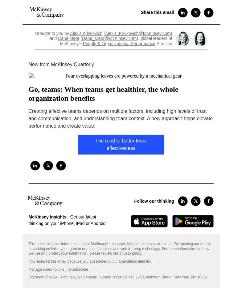 Письмо компании «McKinsey & Company» на тему «Go, teams: When teams get healthier, the whole organization
 benefits»