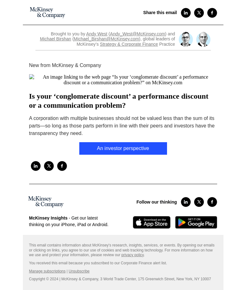 Письмо компании «McKinsey & Company» на тему «Is your ‘conglomerate discount’ a performance discount or a communication problem?»