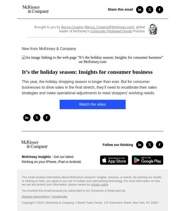 Письмо компании «McKinsey & Company» на тему «It’s the holiday season: Insights for consumer business»