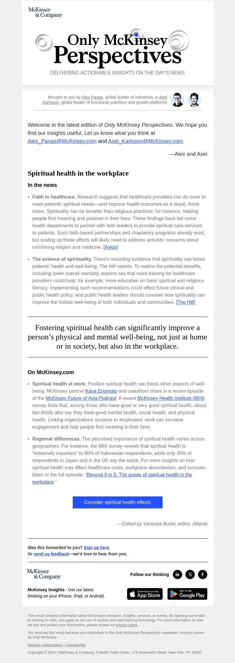 Письмо компании «McKinsey & Company» на тему «Can spirituality boost our health and well-being?»